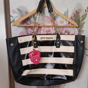 Black and Cream Striped Betsey Johnson Tote Bag with Pink skull mirror
